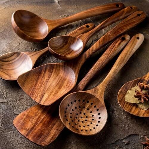 7pcs Kitchen Cooking Utensil Set Natural Wood Tableware Rice Colander Soup Skimmer Cookware Kitchenware Kitchen Accessories
