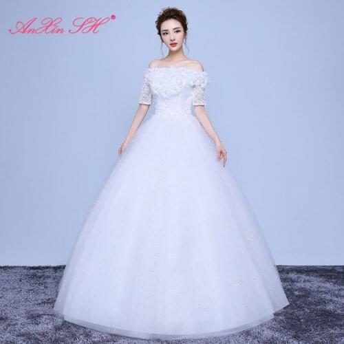AXJFU princess white flower lace wedding dress vintage sparkly party boat neck beading pearl flower red ball gown wedding dress