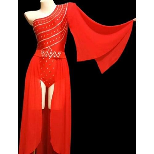 Rhinestones Bodysuit Red Long Cloak Modern Dance Nightclub Women Singer Performance Clothes Bar Host Model Catwalk Stage Costume