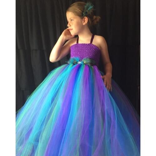 Girls Purple Peacock Feather Tutu Dress Kids Crochet Dress Long Ball Gown with Hairclips Children Birthday Party Costume Dress