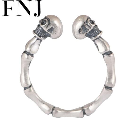 FNJ 990 Silver Ring Punk Skull Adjustable 100% Original Real S990 Solid Silver Rings for Women Men Jewelry Fine