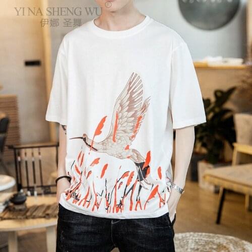 Japanese Kimono T Shirt Men Harajuku Embroidery Crane Print T-Shirt Streetwear Japan Half Sleeve Style Fashion Black White Tops