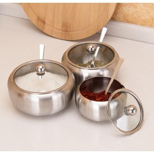 Kitchen Stainless Steel Sugar Bowl With Lid And Spoon Kitchen Seasoning Box Salt Shaker Sauce Cruet Seasoning Jar Kitchen Tools