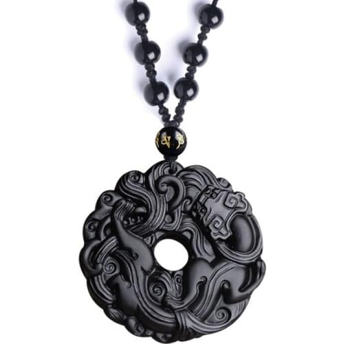 Handcrafted Obsidian Fengshui Dragon Pixiu Pendants Men Women Good Luck Piyao Beaded Necklace Wealth Lucky Round Circle Jewelry