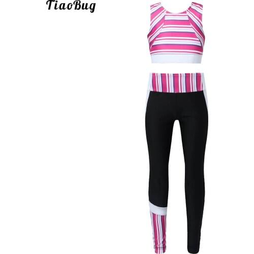 TiaoBug Kid Girls Summer 2Pcs Sport Suit Wide Shoulder Straps Sleeveless Racer Back Stripes Fitness Yoga Sport Vest Top Leggings