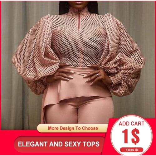 African Fashion Women Pink Blouse Sexy See-Through Zipper High Waist Sheer Mesh Summer Top Office Lady Plus Size Female 2021 Tee