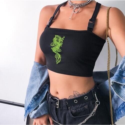 New Sexy Women Buckle Vest Dragon Embroidery Suspenders Crop Tops Sheer Mesh Cami Tank Top Fashion Streetwear