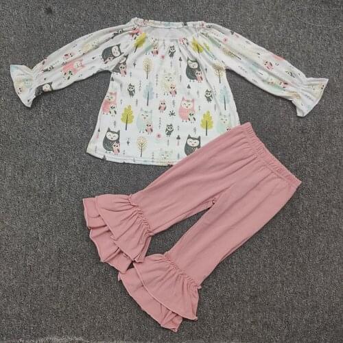 2021 Autumn Cotton Baby Girl Suit Animal Print Long-Sleeved Blouse And Pink Trousers With Lace On The Bottom