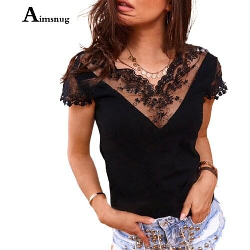 2021 Short Sleeve Women Elegant Leisure Casual Shirt Blouse Patchwork Lace Tops Sexy Femme Clothing Skinny V-neck Tees Shirt