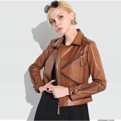 2021 Spring Autumn Newest Women Faux Leather Jacket Oil Wax Color Oblique Zipper Long Sleeve Pu Motor Bike Coat Causalwear Outer