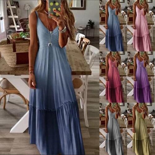 2021 New Womens Loose V-neck gradient dress with suspenders Long Ladies Evening Long Dresses Casual Beach Vacation Long Dresses