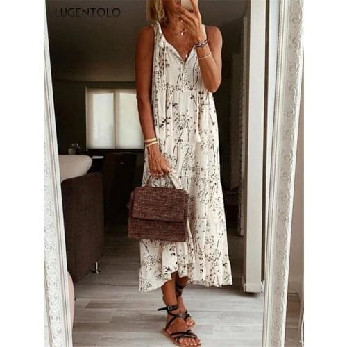 Women Sexy Dress V-neck Flower Print Loose Sleeveless Dresses Female Casual Summer Big Swing Long Dress