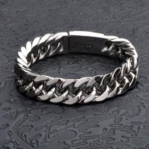 14mm High Polished Stainless Steel Silver Color Polished Cuban Curb Chain Mens Bracelet Bangle Christmas Gift 8.66inch Wholesale