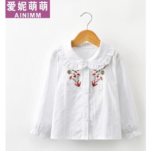 2020 Girls Spring Fall White embroidered shirt Cotton Children Kids Long sleeve blouses clothes