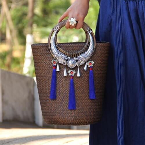28x30CM Original Chinese Style Handmade Old Straw Bag Rattan Woven Wooden Handle Retro Handbag Bucket Bag Tassel a6107