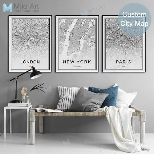 Black White Custom World City Map London Paris New York Posters Prints Nordic Style Wall Art Pictures Home Decor Canvas Painting