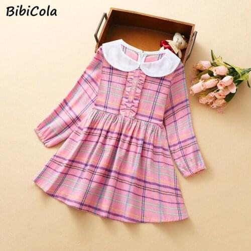 Kids Plaid Printing Pleated Fashion Children Casual Dress Autumn Toddler Baby Girls Dress Long Sleeve Doll Collar Princess Dress