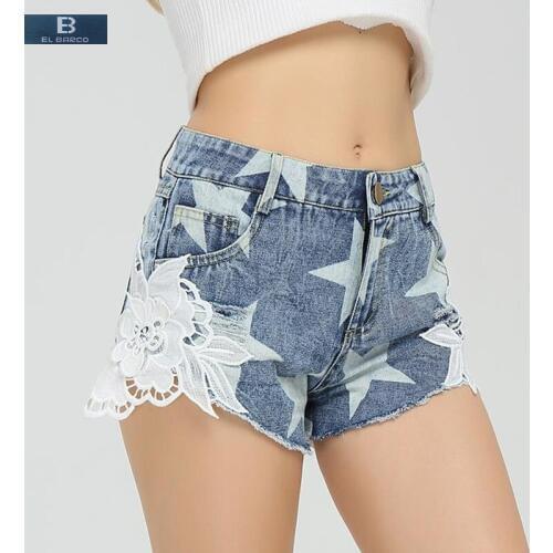 [EL BARCO] Cotton Appliques Star-Print Denim Shorts Women Summer Casual Jeans High Waist Ripped Holes Blue Female Short Trousers