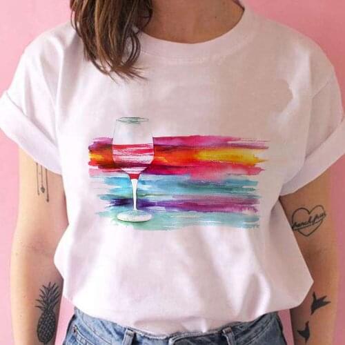 Elegant Women T shirts Colored Wall And Wine Glasses Printed O-Neck Short Sleeve Cartoon Top Tumblr Mujer Tee Shirt Fashion