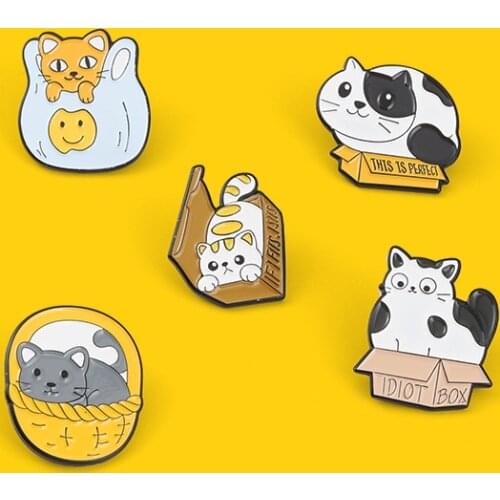 Cartoon Box Cats Enamel Pins Cute Lapel Badges For Clothes Jewelry Collar Brooches Gifts Accessories For Kids Friends Bags