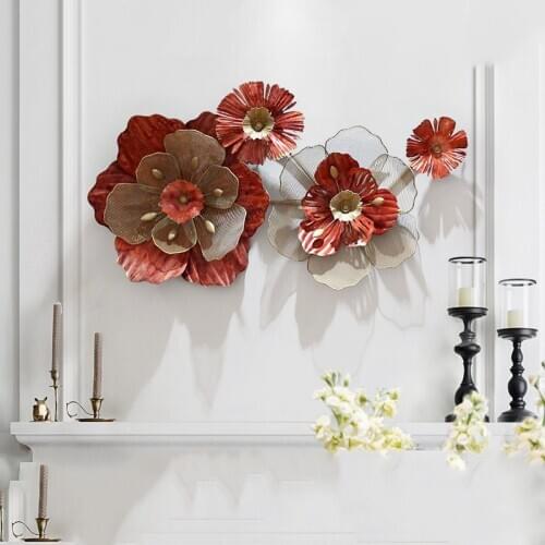 European Wrought Iron Wall Hanging Red Flower 3D Restaurant Hotel Wall Sticker Crafts Home Living room Wall Mural Decoration Art