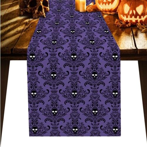 Halloween Skull Pattern Retro Purple Luxury Table Runner Dining Table Wedding Party Christmas Cake Floral Tablecloth Decoration