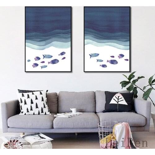 Cartoon Illustration Poster Simple Hand Painted Blue Marine Fish Canvas Picture For Children Room Nursery Decorative Painting