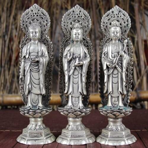 China Tibet Silver 3 pc three saints of the West Buddha luck Statue shipping free