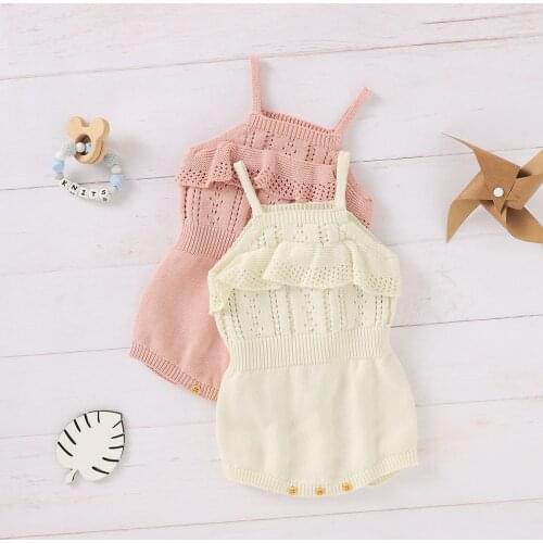 Summer Lovely Infant Baby Girl Solid Color Cotton Knitted Romper Girls Sleeveless Square Collar Hollow Out Short Jumpsuit