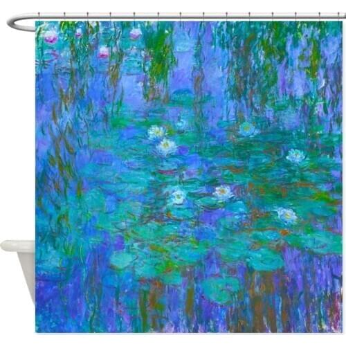 Monet Blue Water Lillies Decorative Fabric 3D Print Shower Curtain