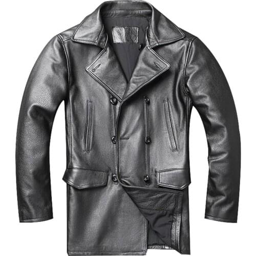 European Style Real Leather Mens Coat Vintage Jacket For Man Winter Overcoat Luxury Dress Suit Trench Coat Cowhide Windbreaker