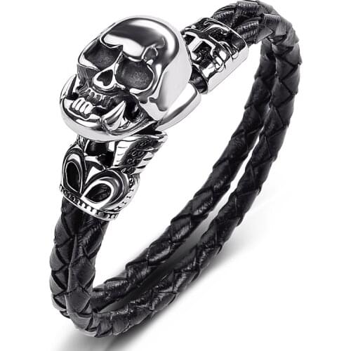 Stainless Steel Crown Cross Demon Skull Braided Leather Bracelet Men Punk Jewelry Accessories Party Bangle Male Wristband P529