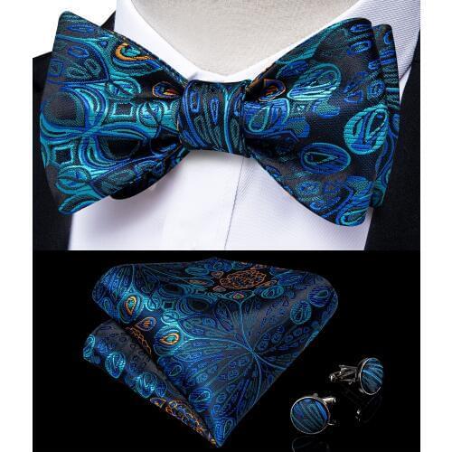 Men Blue Paisley 100% Silk Wedding Party Bow Ties Fashion Butterfly Necktie Handkerchief Cufflinks Set Groom Bowknot DiBanGu