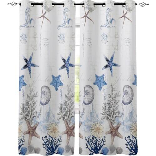 Ocean Starfish Shell Printed Window Curtains Living Room Bedroom Curtains Polyester Cloth Home Decor