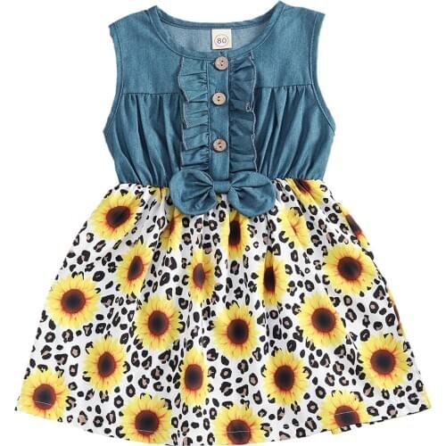 Girl Dress Summer Infant Baby Girls Dress Sunflowers Print Sleeveless Bowknot Knee Length A-Line Dress Sundress 1-6Y