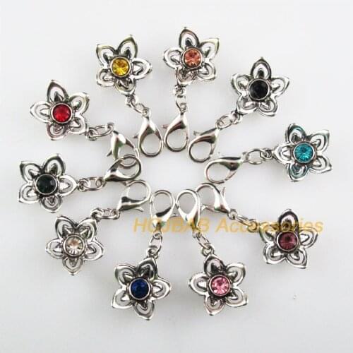 10 New Flower 14x17mm Charms Mixed Round Crystal Tibetan Silver Plated Retro With Lobster Claw Clasps
