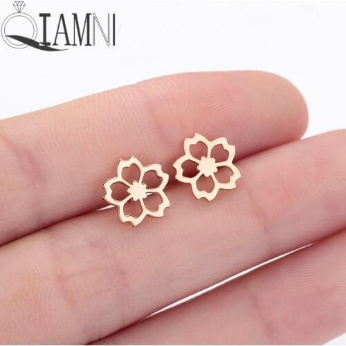 QIAMNI Charming Cherry Flower Stud Earring Birthday Gift Tiny Flora Rose Earring Stainless Steel Jewelry Pendientes Brincos