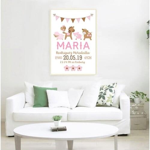 Pink Baby Birth Custom Poster Nursery Cartoon Animal Print Canvas Painting Wall Art Picture Nordic Kids Girl Bedroom Decoratio