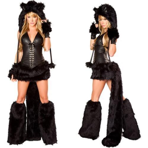 Sexy Black Teddy Bear Costume for Adult Cat Girl Cosplay Costume Halloween Costumes for Women Fantasia Party Uniforms Set