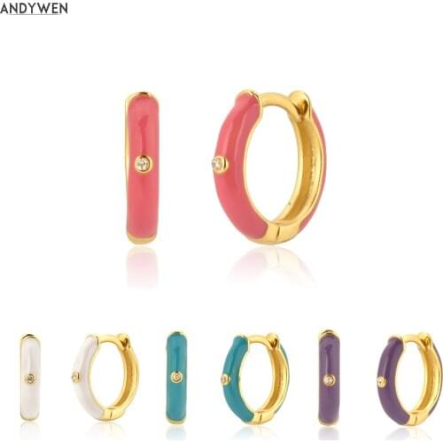 ANDYWEN 925 Sterling Silver Rose Red Ename Hoops 5 Colors Women Piercing Pendientes Ohrringe Earring Fine Jewelry Crystal CZ