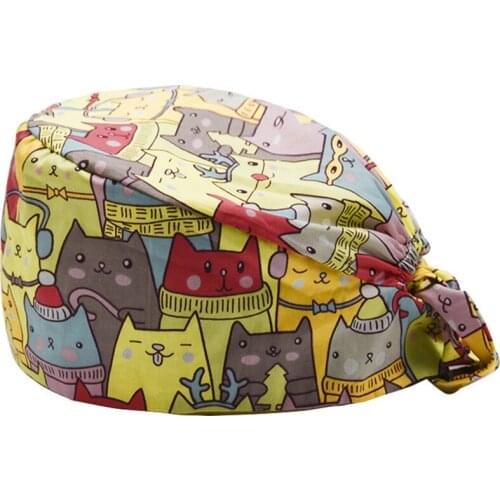 Scrub Caps Cartoon Printed Cotton Sweatband Hats Breathable Adjustable Workwear Beauty Salon Working Cap Bandage Nursing Hats