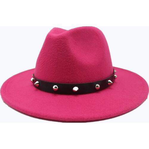Seioum Women Men Wool Fedora Hat With Leather rivet Gentleman Elegant Lady Winter Autumn Wide Brim Jazz Church Panama cap