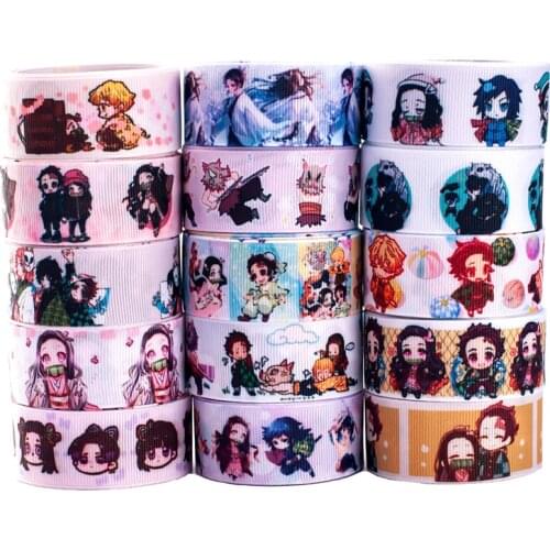 Kimetsu No Yaiba Heat Transfer Japan Anime Cartoon Printed Grosgrain/Satin Ribbon 5yards for DIY Hair Bowknots
