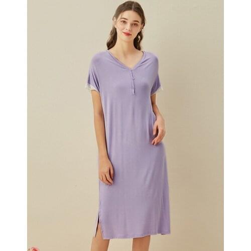 Comfortable and Simple Women Solid Homewear Nightdress Bamboo fiber Nightwear Home Dressing Gown Summer New Long Nightgown