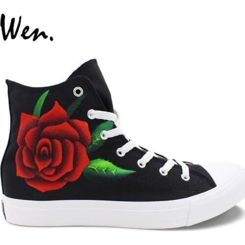 Wen Original Design Hand Painted Floral Shoes Red Rose High Top Canvas Athletic Shoes Custom Valentines Sneakers for Men Women