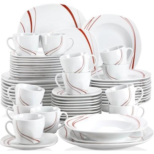 VEWEET BONNIE 60-Piece Porcelain Tableware Dinner Plate Set Cutlery Set with Dessert Plate Soup Plate Dinner Plate Cup&Saucer