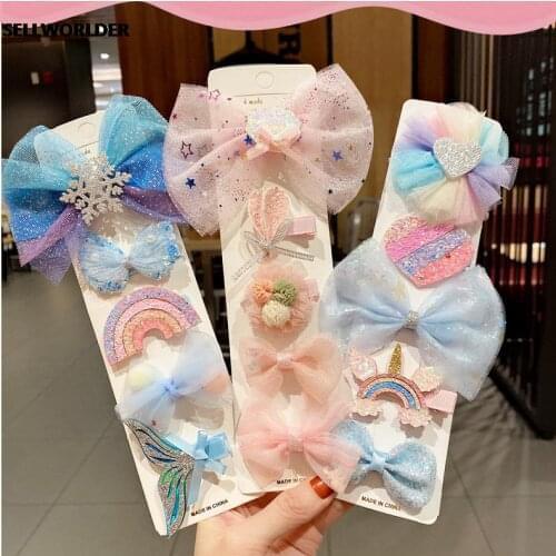 2021 Kids Ins Snow Cat Rainbow Princess Bow Baby 5PCS/SET hairpin Cute Girls Hair Accessories