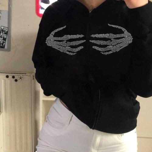 New Y2k Aesthetic Women Hip Hop Hoodies Rhinestone Zip-up Hooded Jacket Female Goth Harajuku Grunge Punk Streetwear Coat