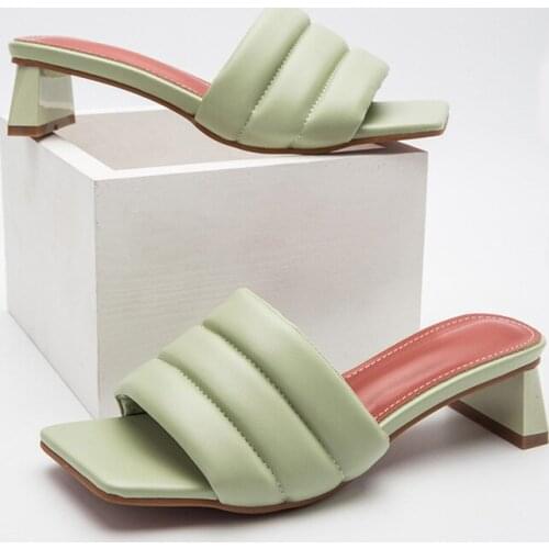 Womens Summer Slippers Fashion Leather Square Toe Slides Females Mid-Heel Casual Slippers Candy Colour High Quality Shoes 2021