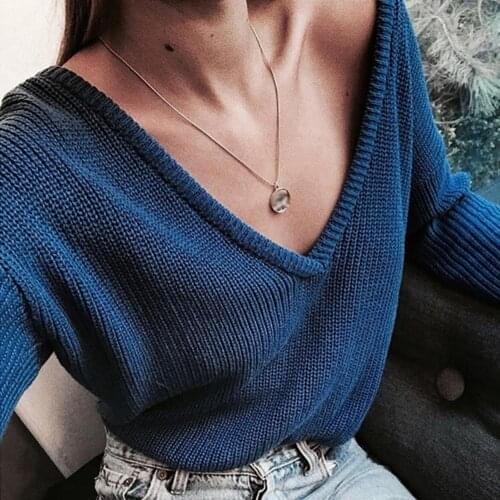 2021 Women Long Sleeve Pullovers Solid Color Knitted Sweater Deep V Neck Jumper Pullover Autumn Winter Casual Loose Knitted Top